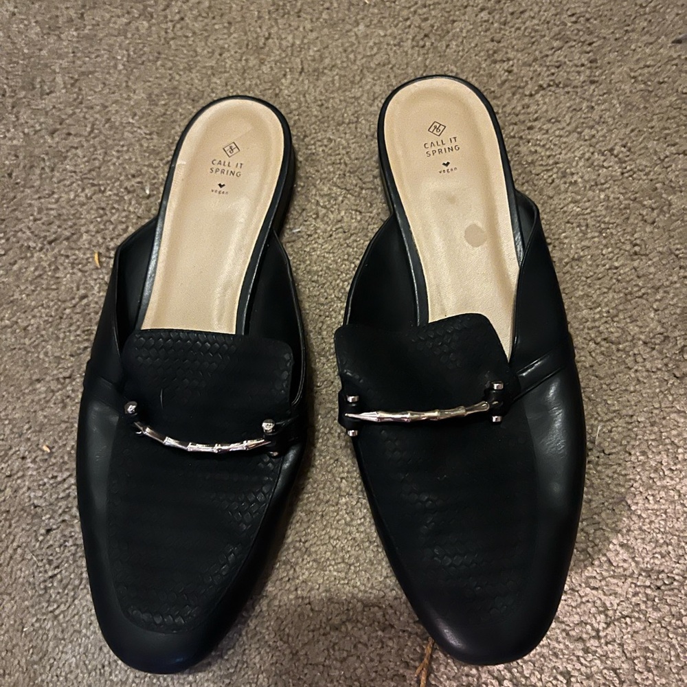 Call It Spring Black Mules with Silver Detail